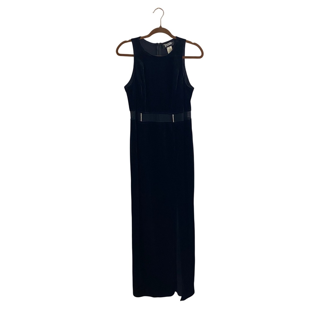 Vintage Donna Velvet Maxi Dress 12 Black Mesh Rhinestone 90s Y2K Goth Whimsigoth